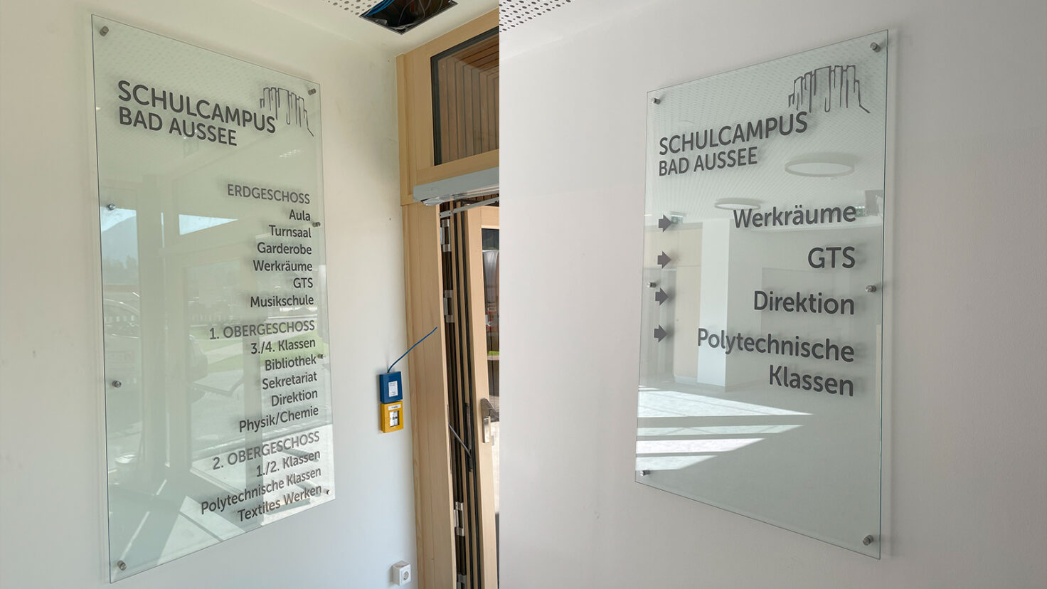 Schulcampus BadAussee Leitsystem Glasschilder Innen